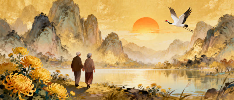 夕阳共赏山水间图片