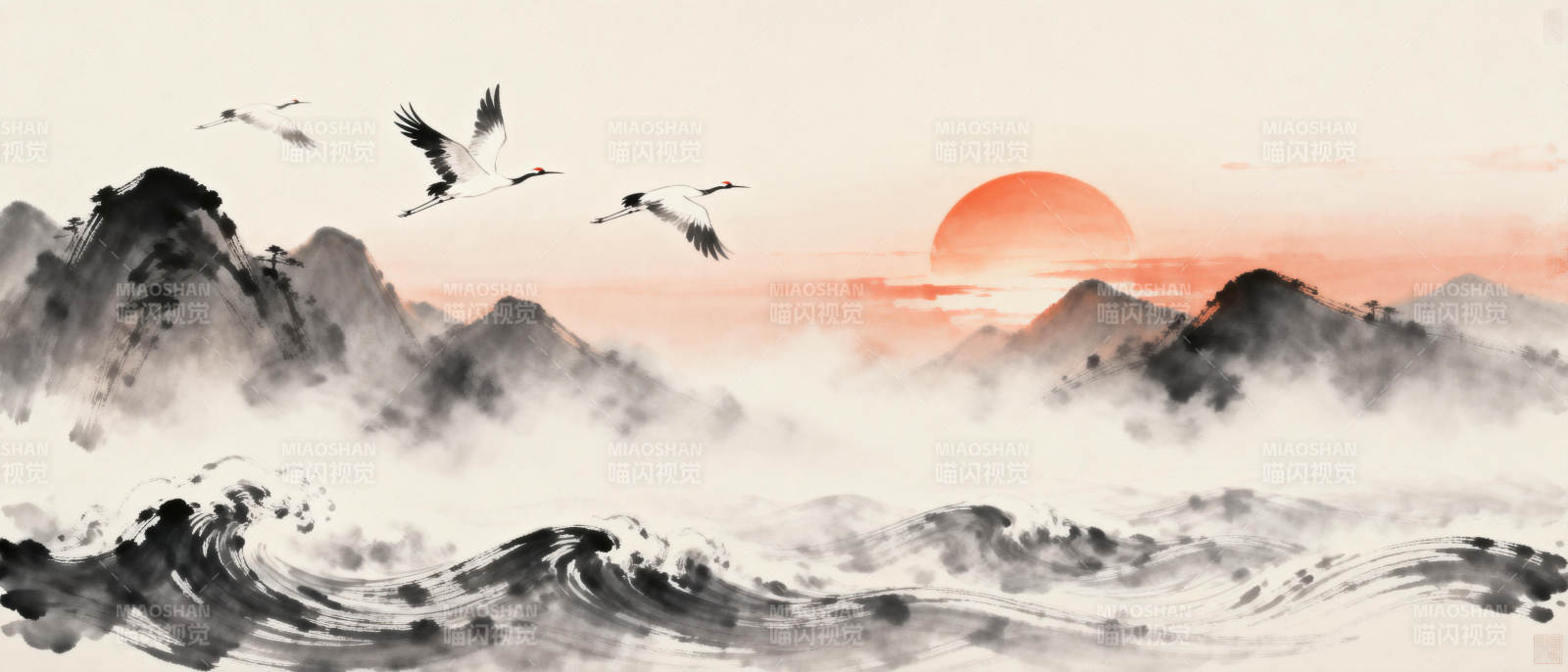 山水晨曦鹤影图片