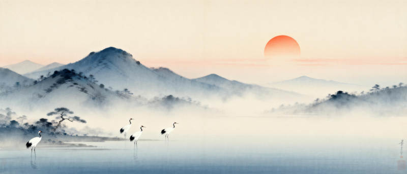 晨雾山水鹤影图片