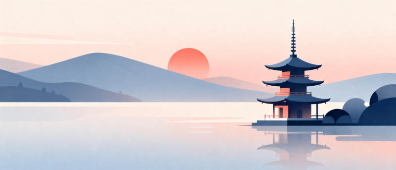 湖畔塔影日落时图片