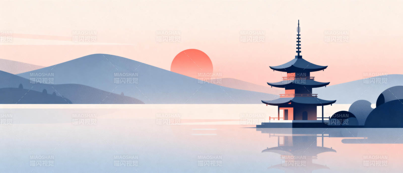 湖畔塔影日落时图片