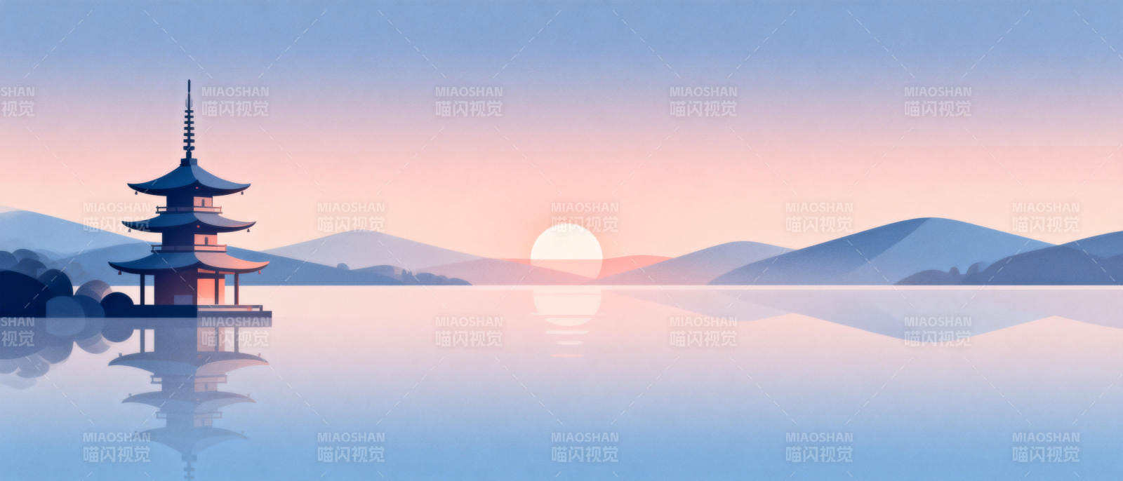 湖畔塔影日出图片