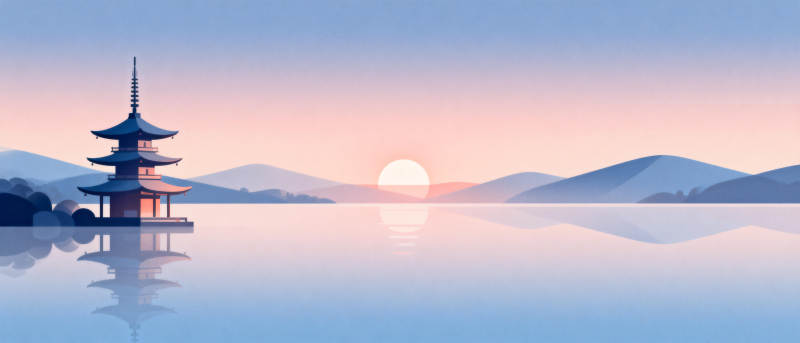 湖畔塔影日出图片