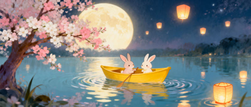 月下兔舟赏花灯图片