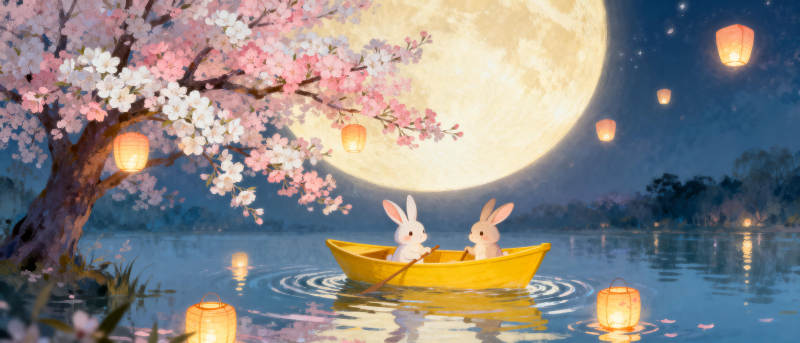 月夜兔舟赏花灯图片