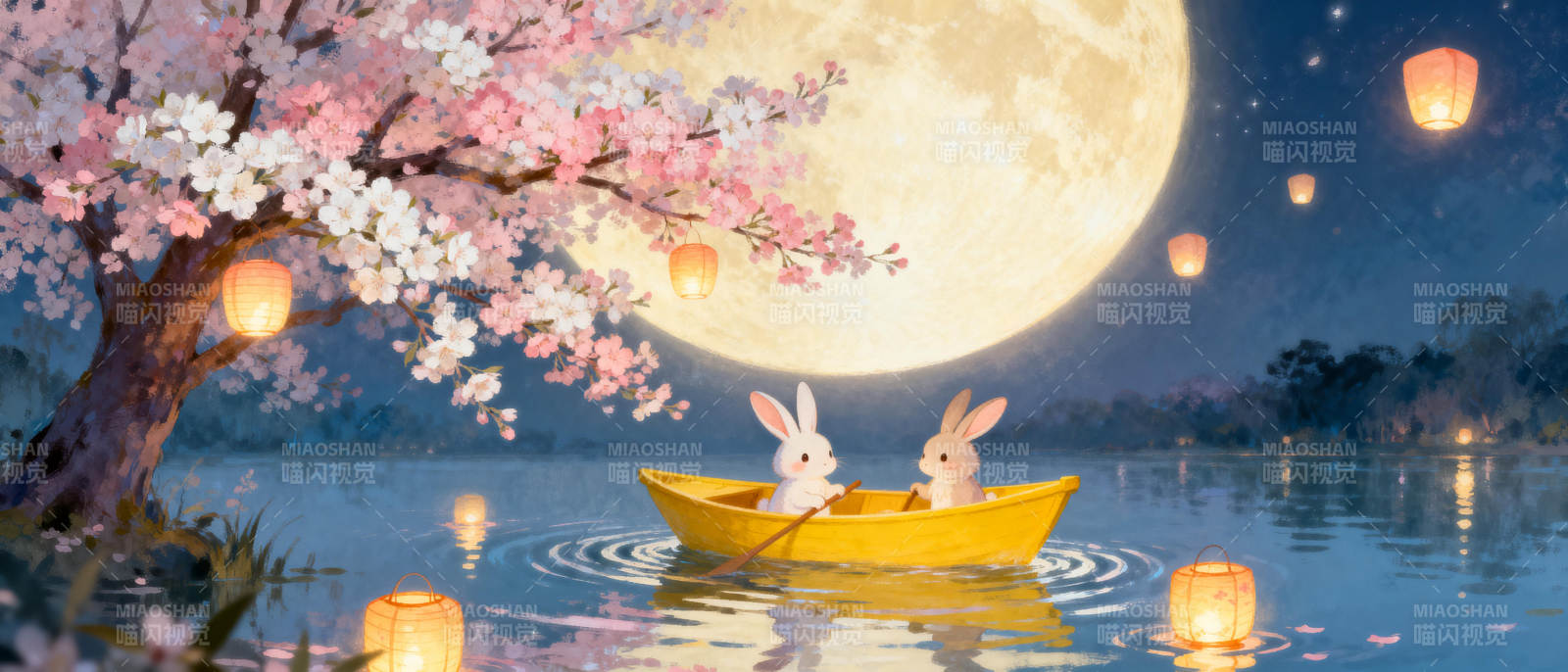 月夜兔舟赏花灯图片