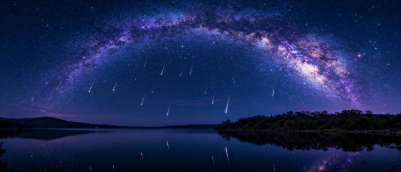 银河映湖夜景图片