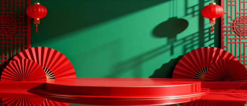 红扇映绿墙图片