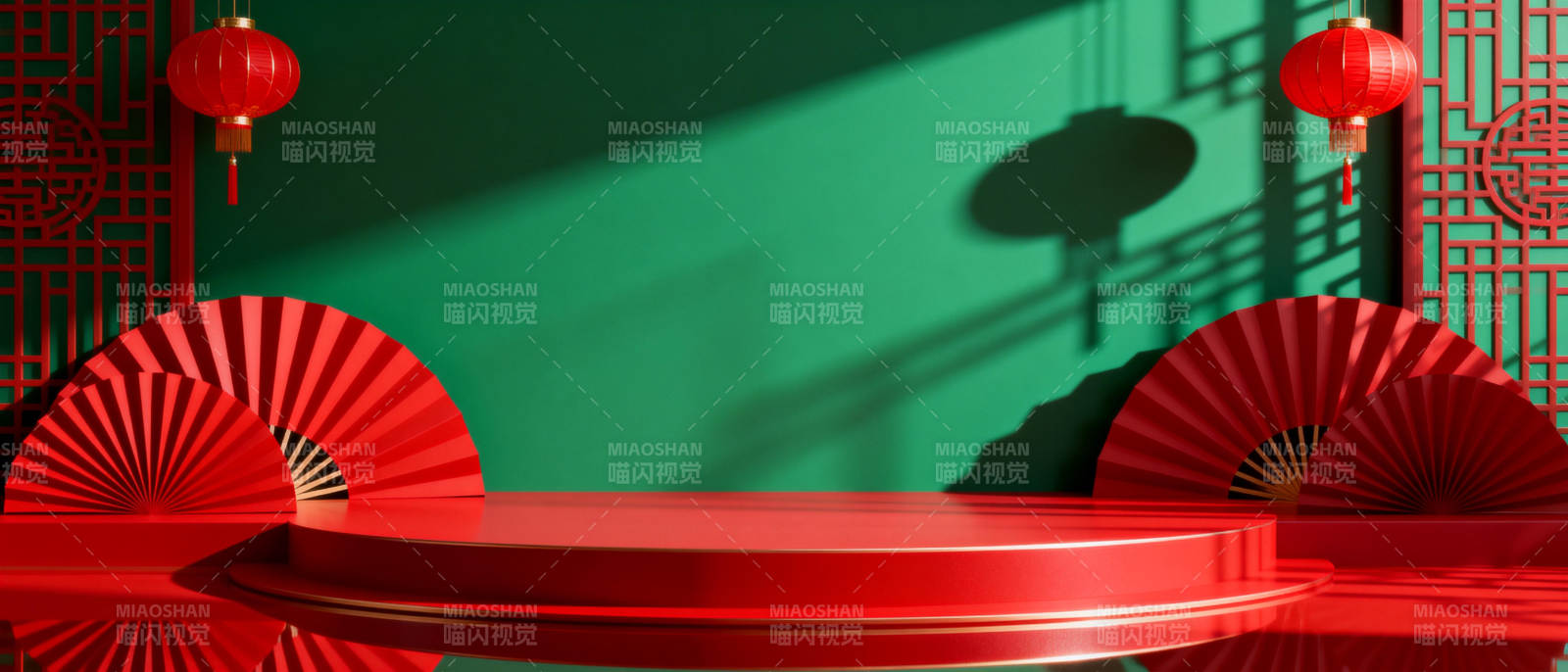 红扇映绿墙图片