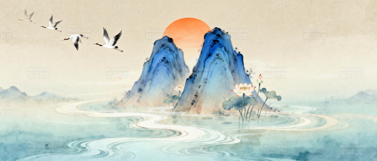 山水晨曦飞鹤图图片