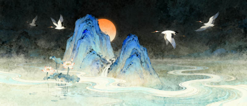 山水月夜鹭飞图片