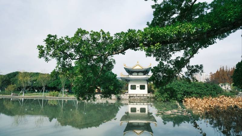 湖畔亭台倒影图片