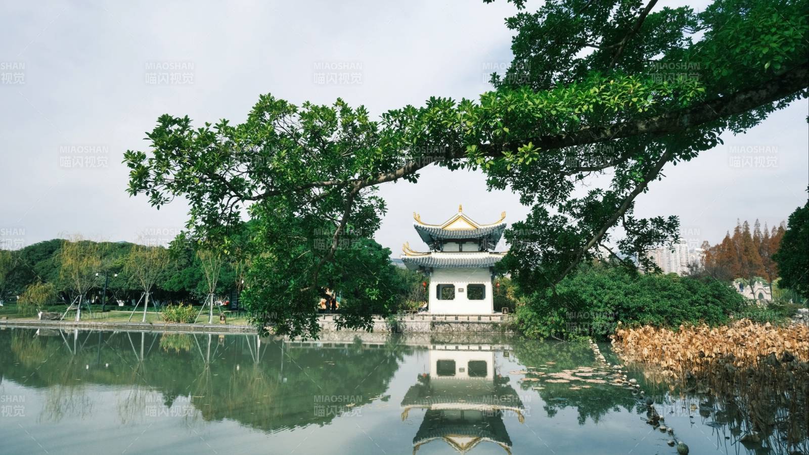 湖畔亭台倒影图片