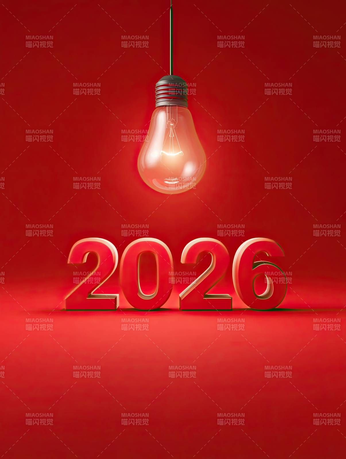 红色背景下的发光灯泡与数字2026图片