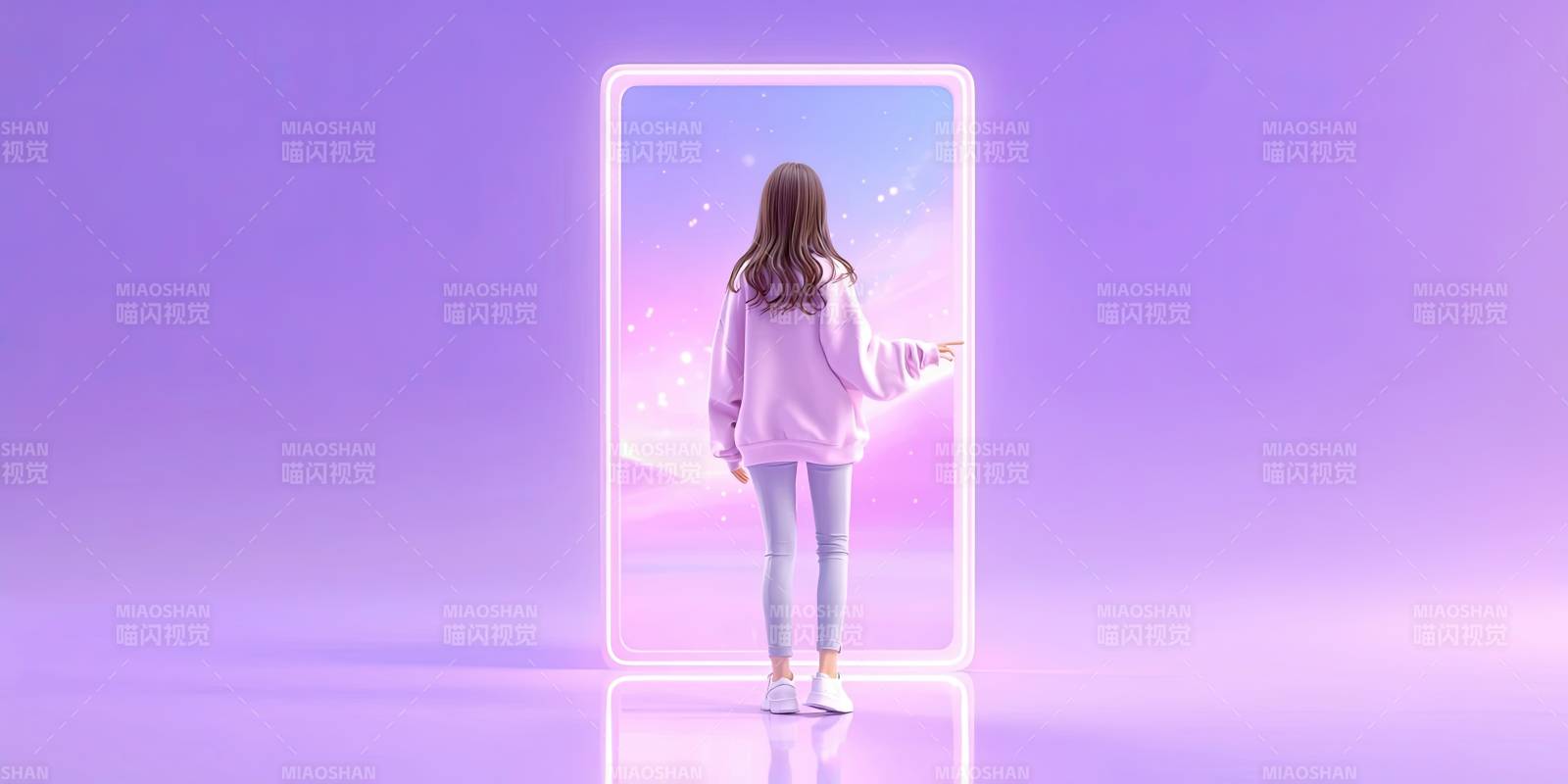 女子背对站立望向发光门框图片