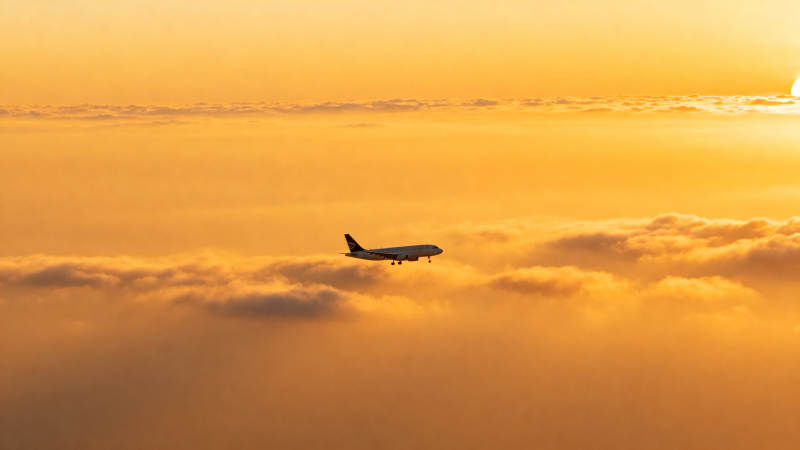 夕阳云海中的飞机图片