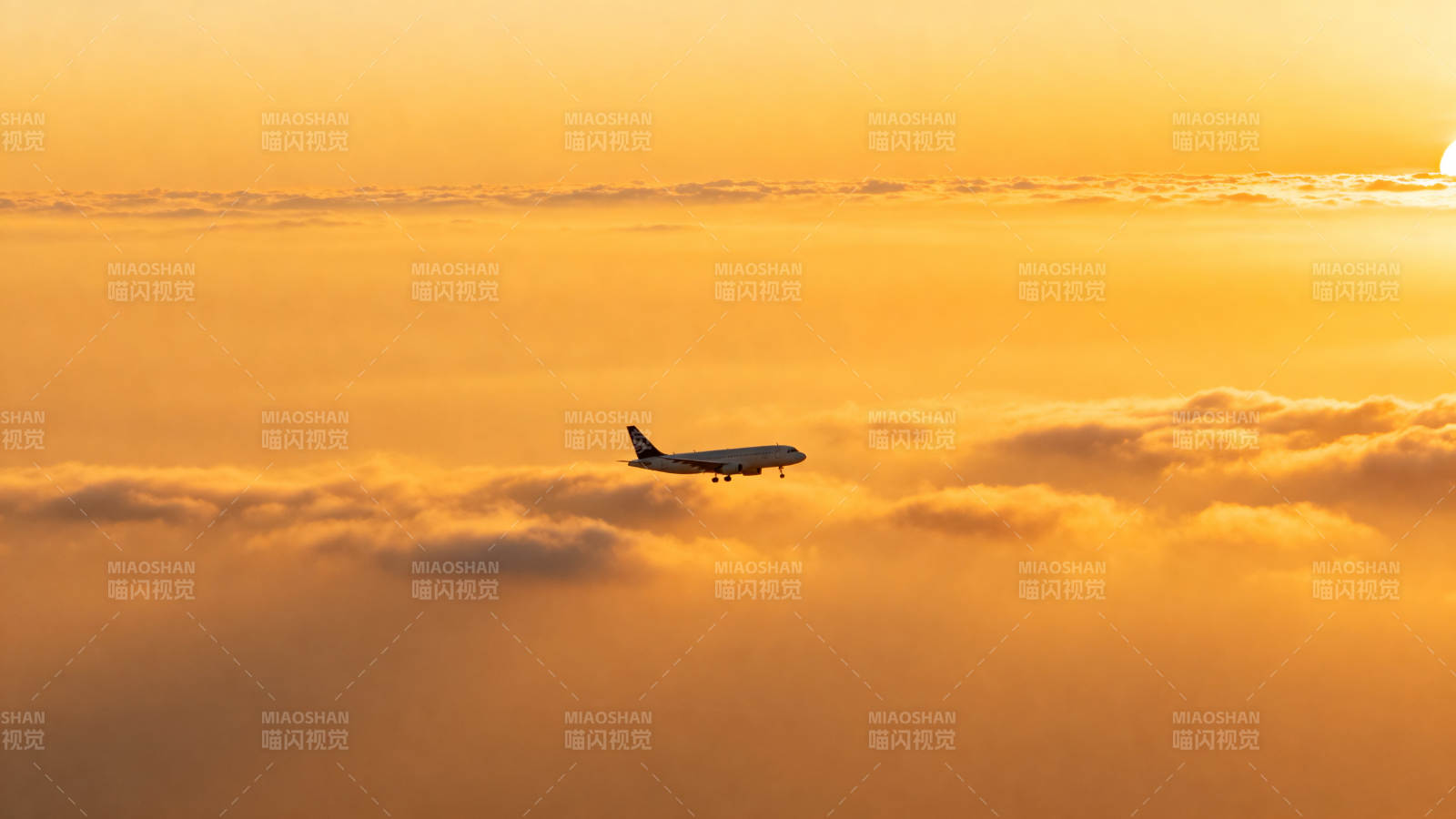 夕阳云海中的飞机图片