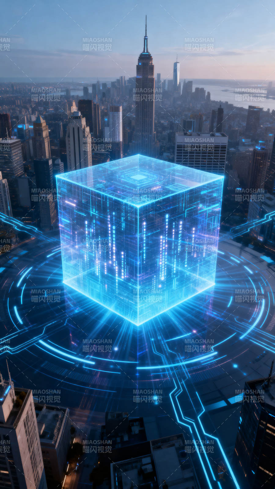 城市上空的科技立方体图片