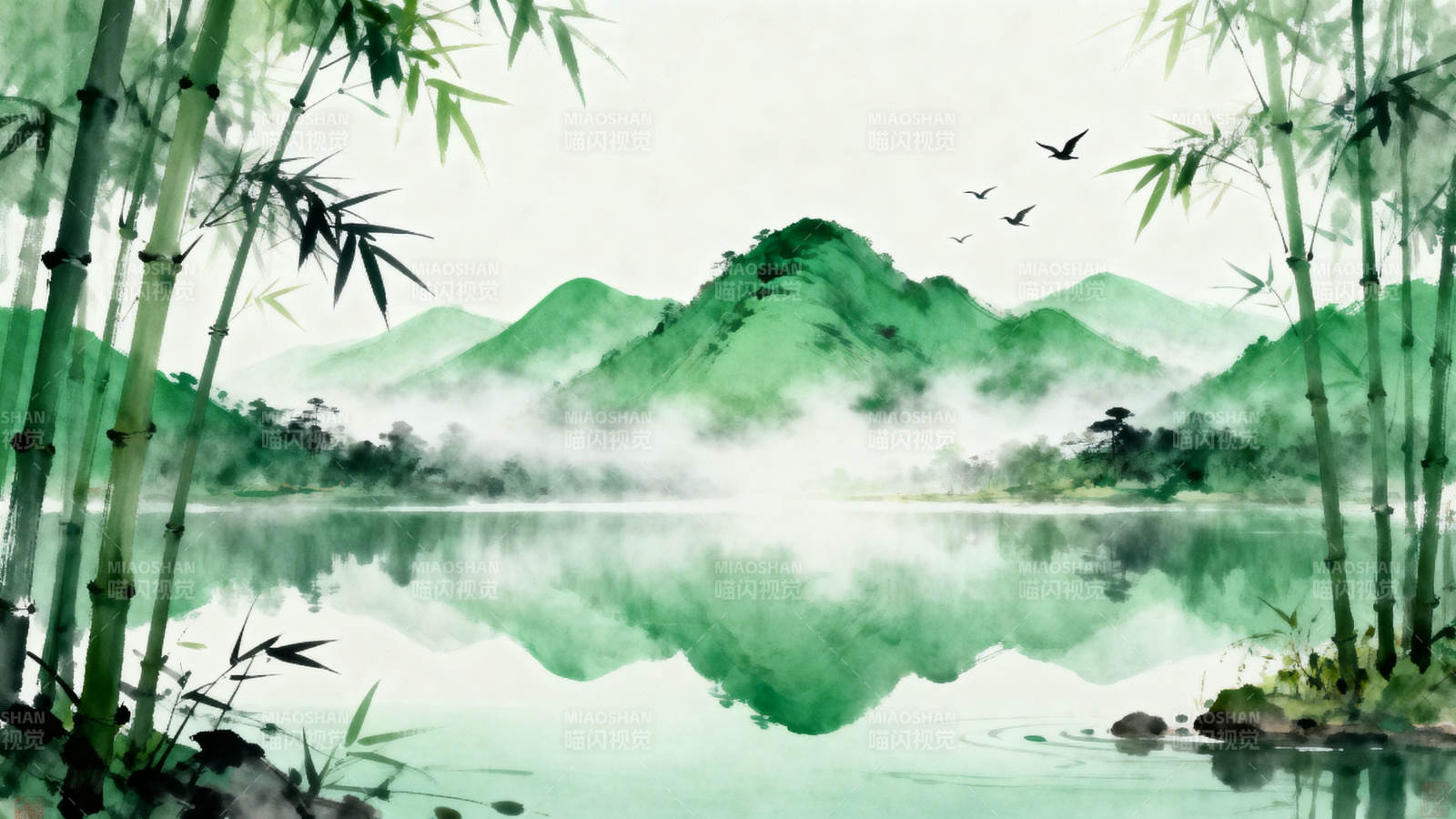 青山绿水竹林倒影图片