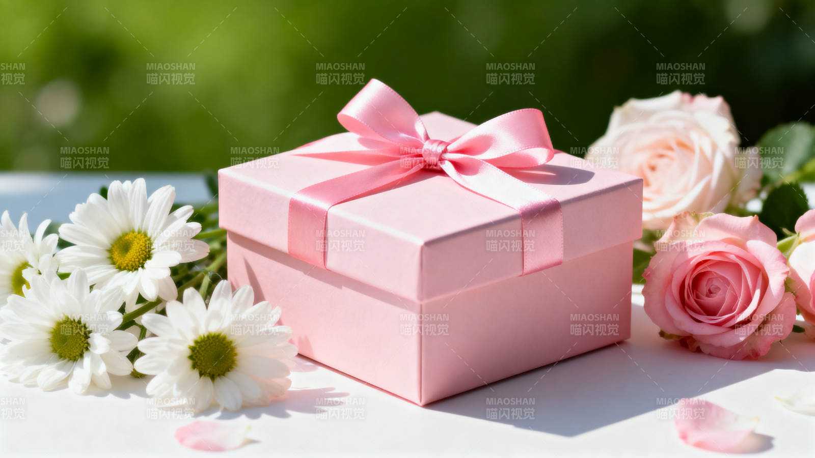 粉色礼物盒与鲜花图片