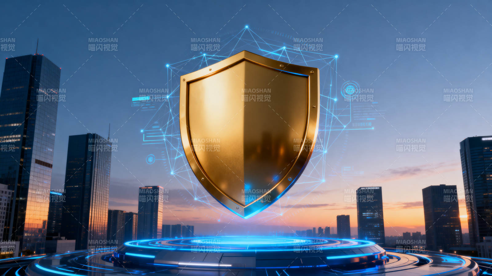 城市上空的金色盾牌科技防护图片