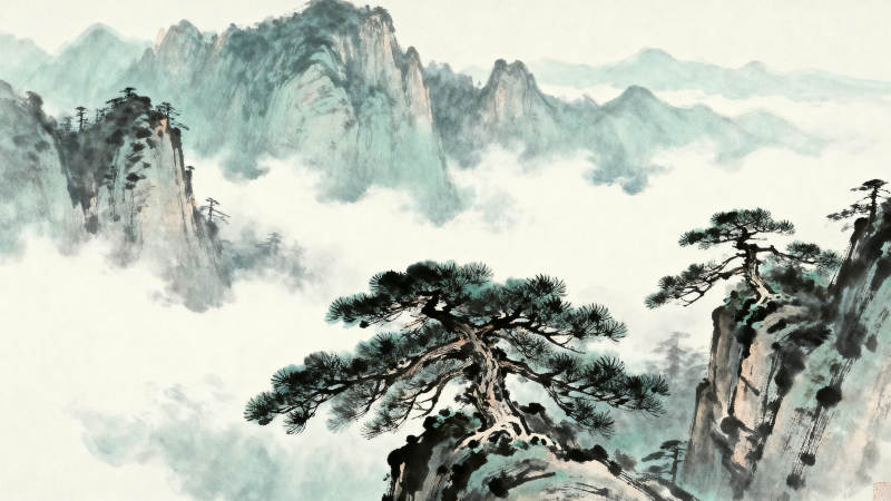 水墨山水松树云海图片