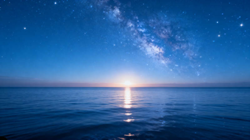 星空下的海面日出图片