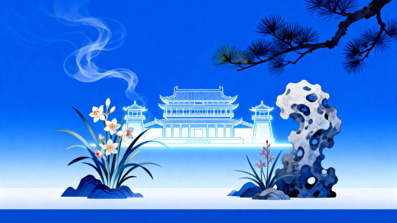 蓝色背景下的中式园林元素图片
