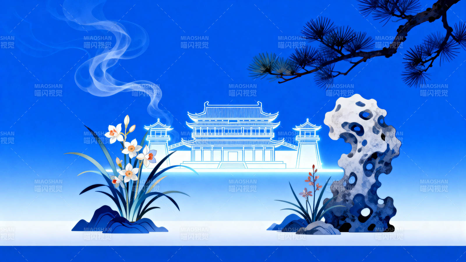 蓝色背景下的中式园林元素图片