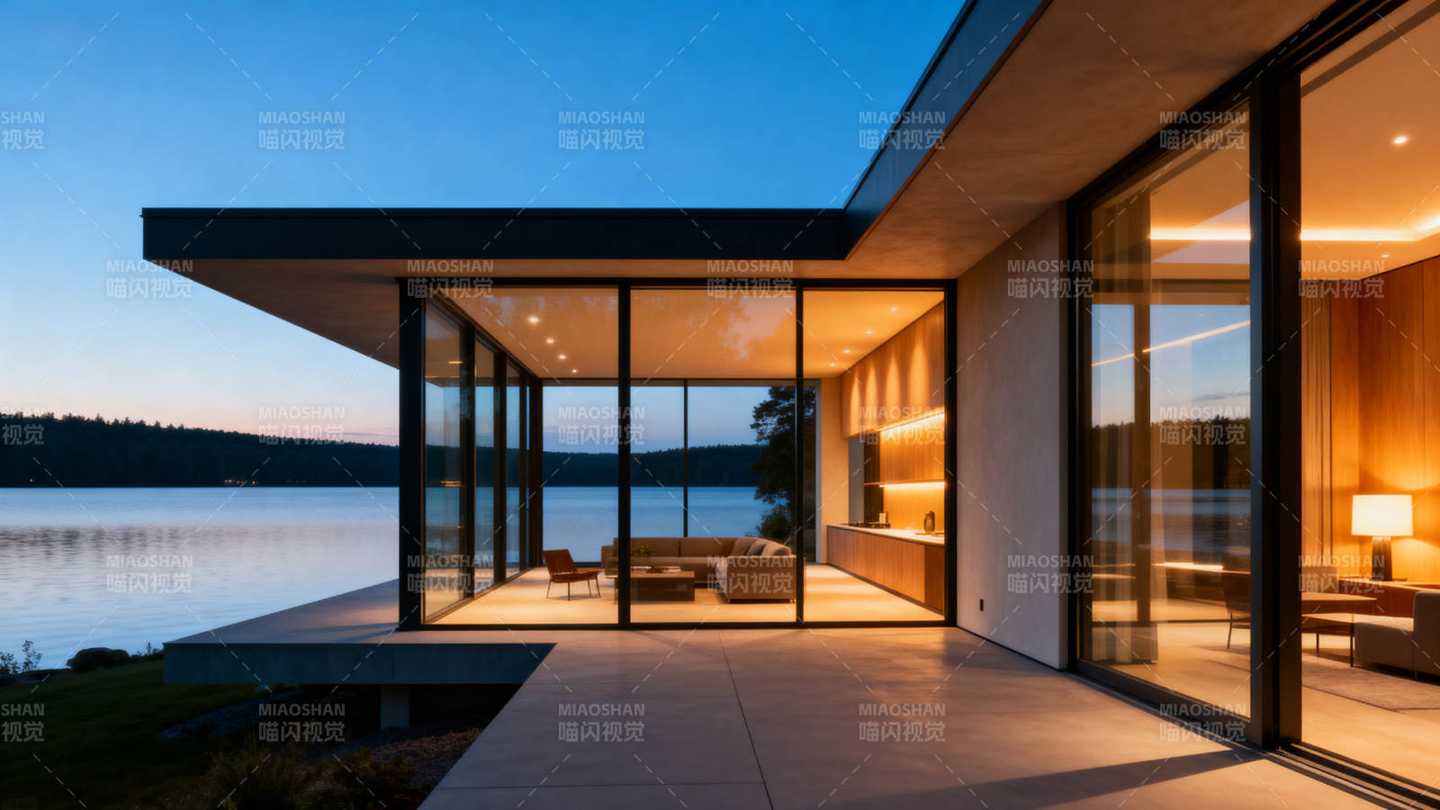 现代湖畔别墅夜景图片