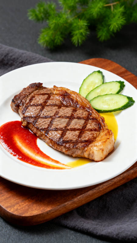 牛排配酱汁和黄瓜片图片