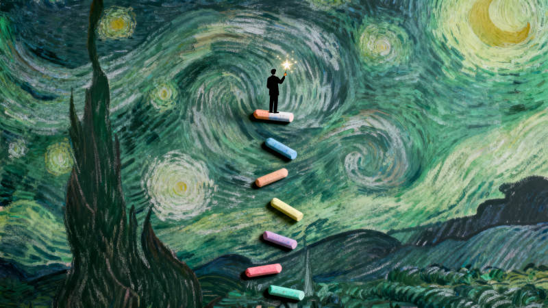 星夜梯子与小人图片