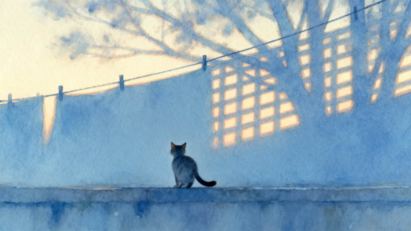清晨猫影与晾衣绳图片
