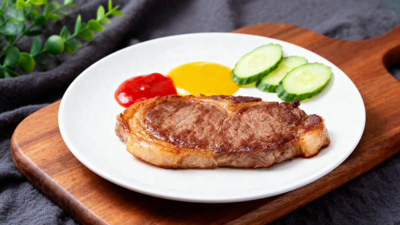 牛排配酱汁和黄瓜片图片