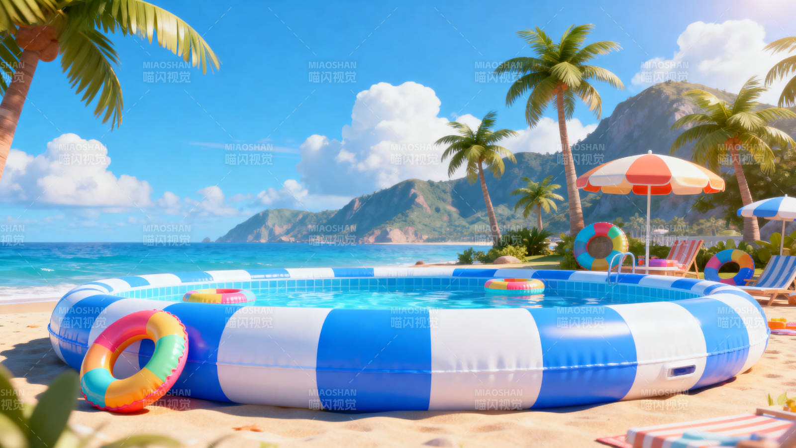 沙滩充气泳池夏日度假图片