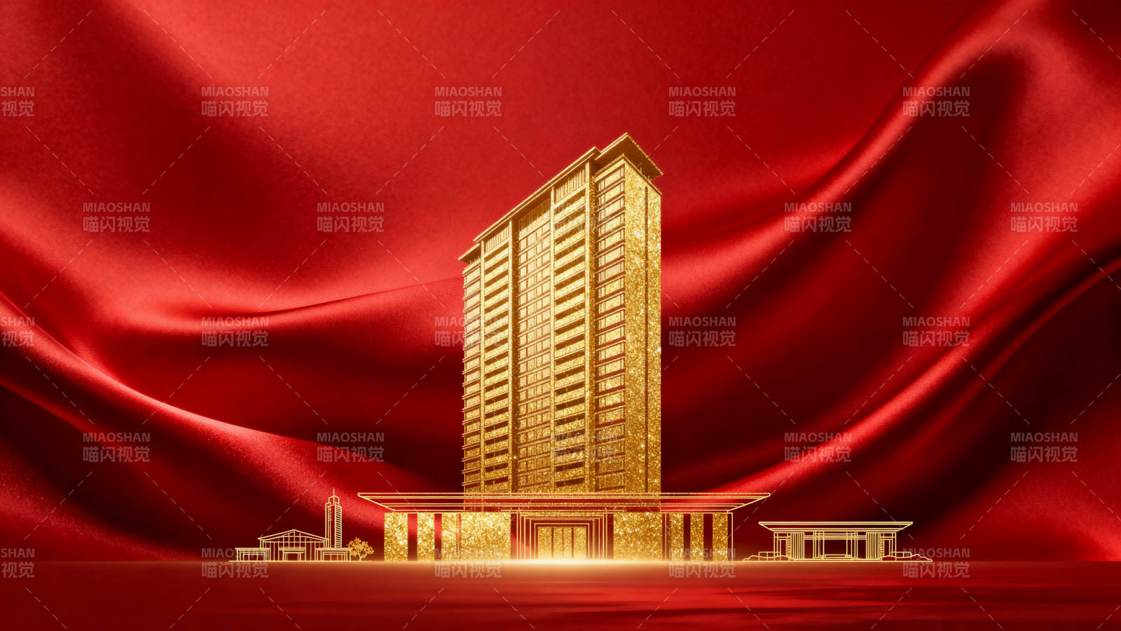金色大楼红色背景图片