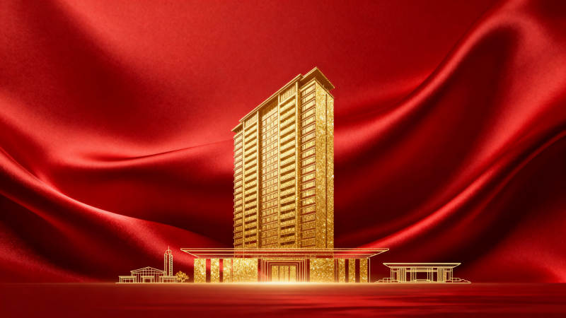 金色大楼红色背景图片