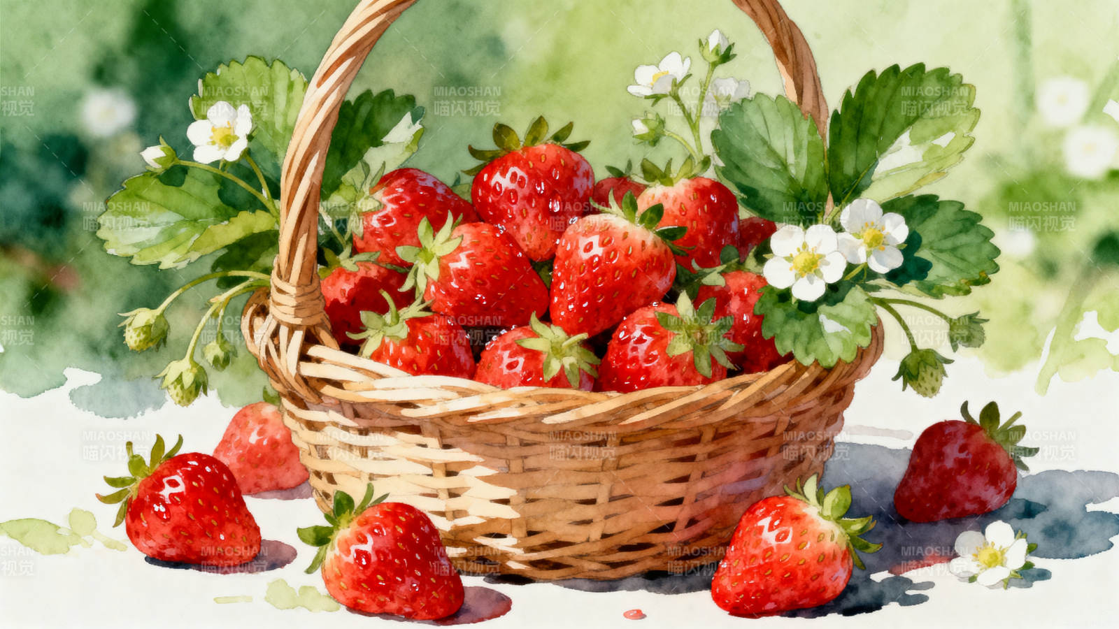 新鲜草莓篮子水彩画图片