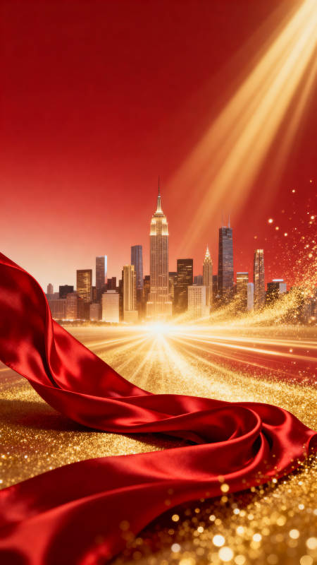 城市天际线与红绸金光图片