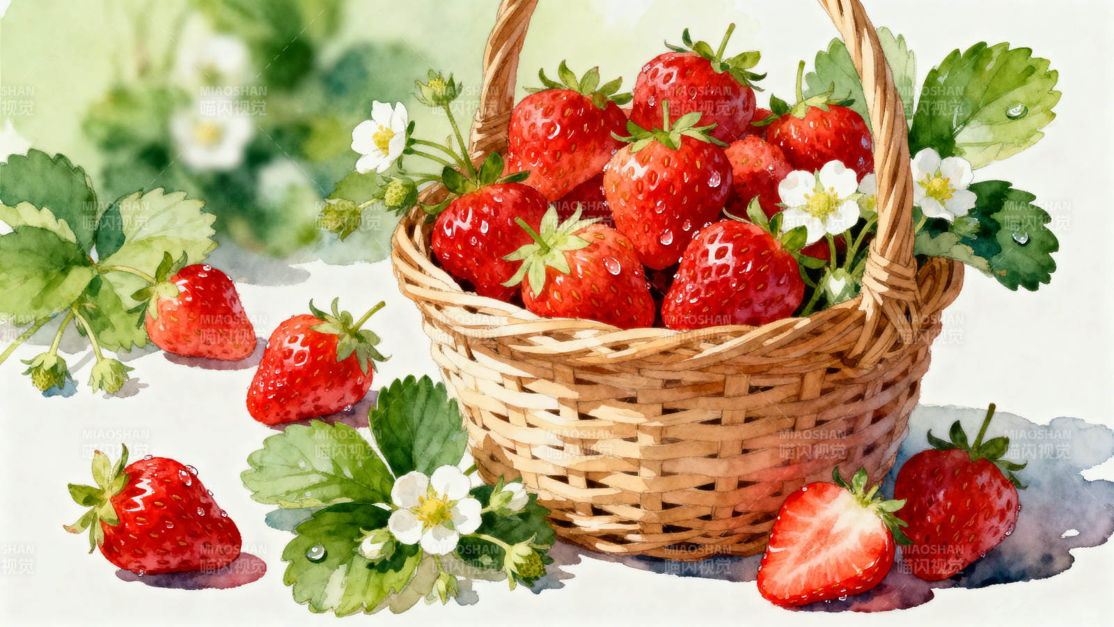 新鲜草莓篮子静物水彩画图片