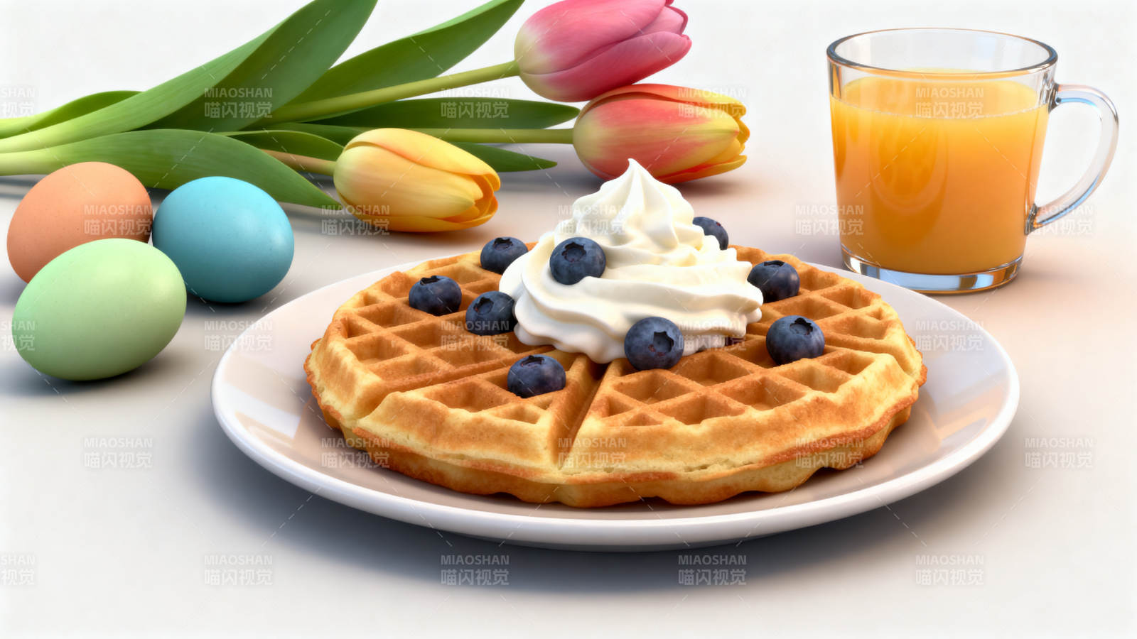 华夫饼与橙汁的早餐图片