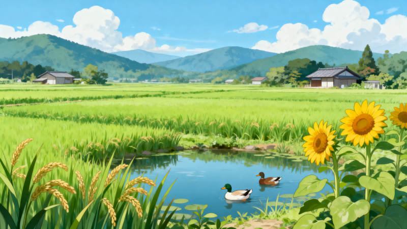 田园稻田与向日葵风景图片