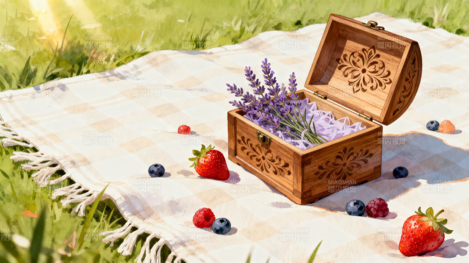 阳光下的野餐与木盒图片