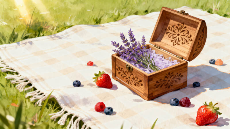 阳光下的野餐与木盒图片