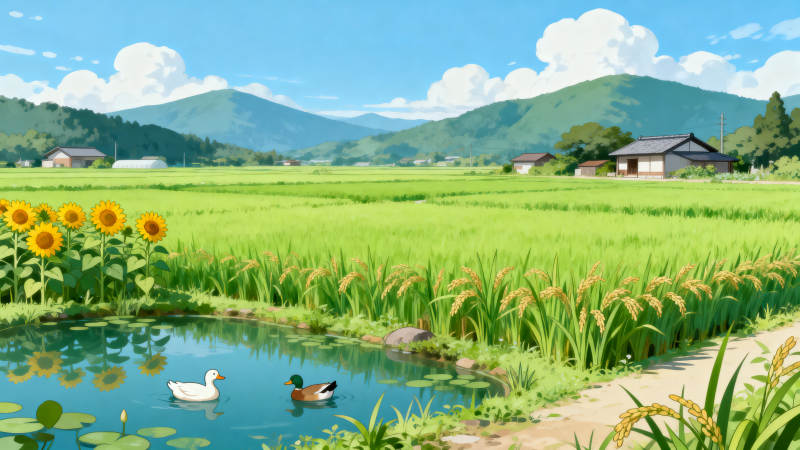 田园稻田与水塘风光图片