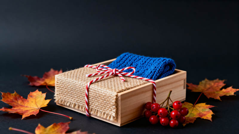 秋季礼物盒与蓝色围巾图片