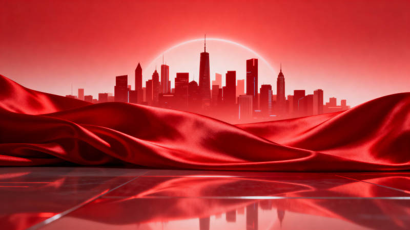 红色背景下的城市天际线图片