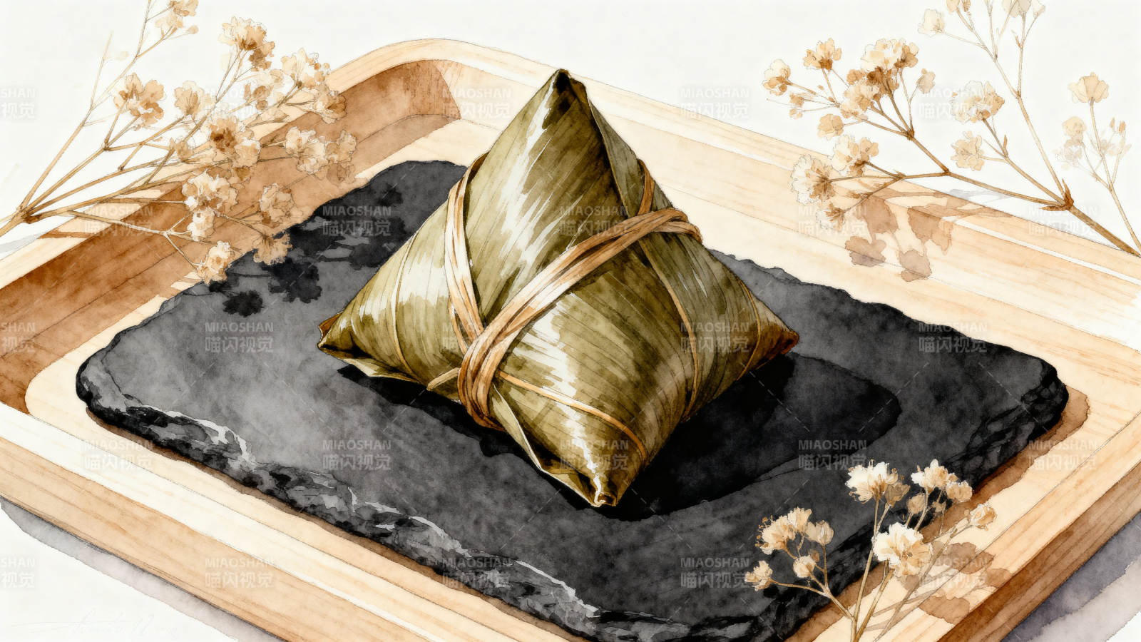 水彩绘端午粽子特写图片