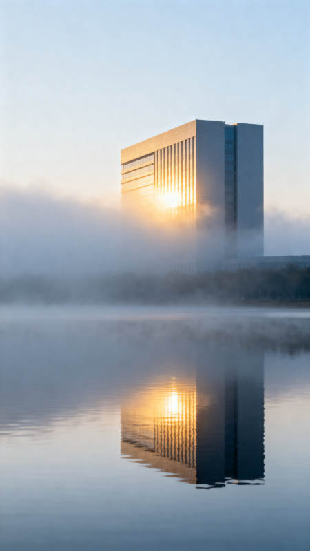 晨雾中的建筑倒影图片