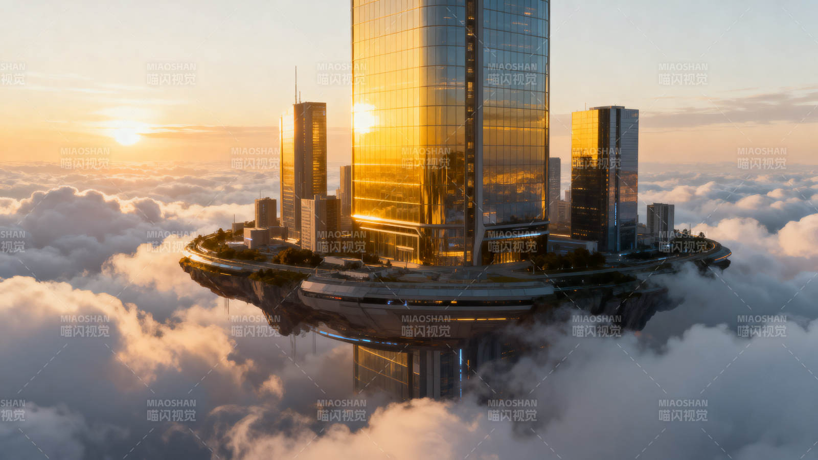 云中悬浮城市夕阳下的未来建筑图片